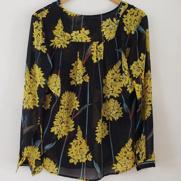 Urban Coco long sleeve sheer black Yello floral button blouse; Size small - Picture 9 of 16
